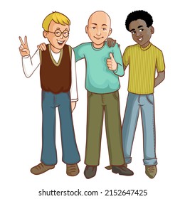 Three cartoon friends supporting each other, vector illustration, concept of diversity between people