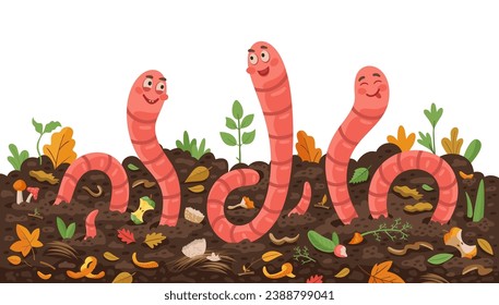 Three cartoon funny earth worms in compost soil ground with bio organic wastes, vector background. Happy earthworms in farm garden compost soil with compostable organic garbage or bio wastes