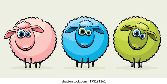 Three cartoon funny sheep with big blue eyes.