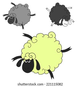 three cartoon funny sheep flying
