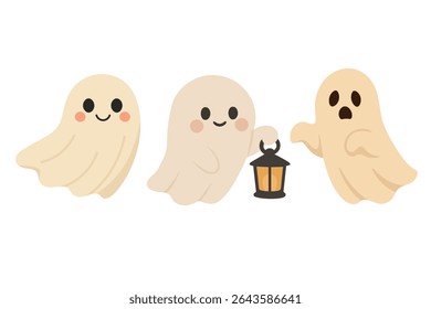 Three cartoon ghosts in different poses. Flat Halloween vector illustration on white background.