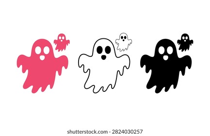 Three cartoon ghosts with smaller ghost companions in different colors