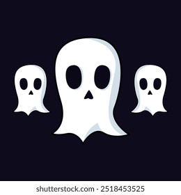 Three cartoon ghosts with wide eyes float against a dark background, creating a playful and spooky Halloween theme.