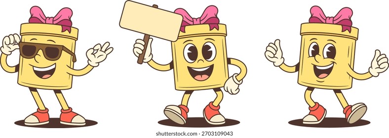 Tres personajes de caja de regalo de dibujos animados mascota Ilustración vectorial conjunto. Usar gafas de sol Gesto OK sosteniendo el signo en blanco y los pulgares hacia arriba. Posturas confiadas para el tema de la Aprobación de la promoción de la publicidad
