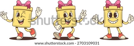 Three cartoon gift box characters mascot vector illustration set. Waving hello victory sign and double thumbs up. Celebratory poses for advertising promotion success theme. Upbeat positive collection