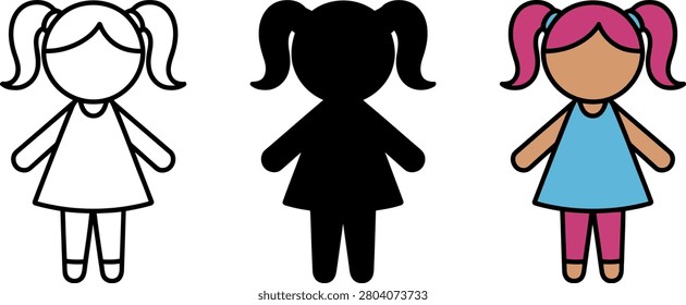 Three cartoon girls in different colors and styles standing alone on white background