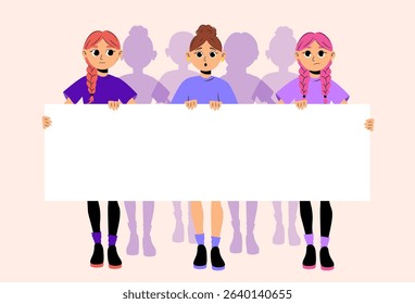 Three cartoon girls holding large blank poster with shadow figures in background for announcement or protest