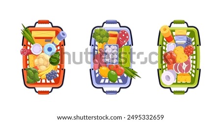 Three Cartoon Grocery Baskets Filled With Variety Of Food Items, Including Fruits, Vegetables, Dairy Products