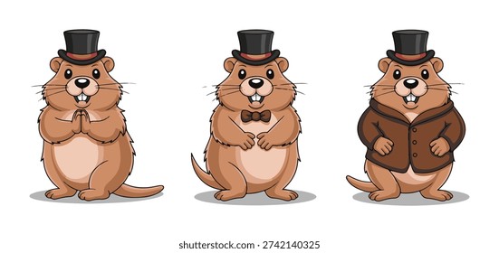 Three cartoon groundhogs wearing top hats and different attire, standing upright on hind legs.