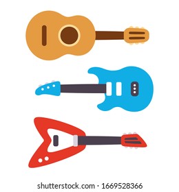 Three cartoon guitar drawings set. Classic acoustic and modern electric rock guitars. Simple cute vector illustration of musical instruments.