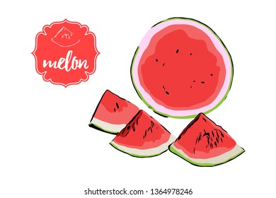 Three cartoon hand drawn melon pieces and half of watermelon isolated on white background. Melon retro store label badge. Business fruit red vintage sticker. Summer berry illustration for web, print.