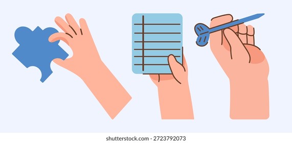 Se muestran tres manos de dibujos animados sosteniendo diferentes objetos: una pieza de rompecabezas azul, una nota alineada y un dardo azul. Esta ilustración simboliza la resolución de problemas, la planificación y el objetivo.