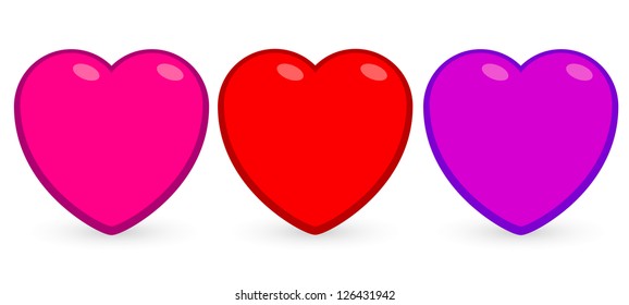 Three cartoon hearts with shadows, red, pink and purple