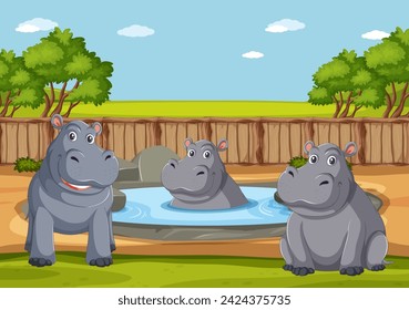 Three cartoon hippos by a water pond