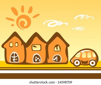 Three cartoon houses and the car on a yellow background.