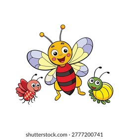 Three cartoon insects, a bee, ladybug, and beetle, smiling on a white background