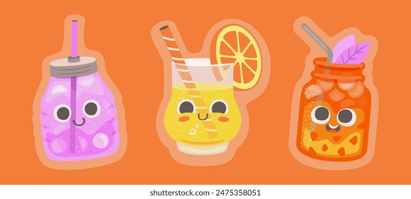 Three cartoon jars filled with colorful drinks, each with smiling faces and straws, on an orange background for a fun design. Flat illustration.