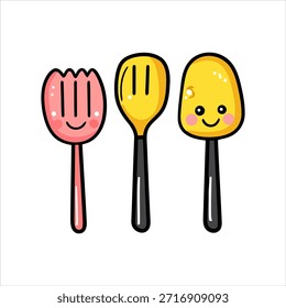 Tres utensilios de cocina de dibujos animados, un tenedor rosa, una cuchara ranurada amarilla y una espátula amarilla, se representan con caras felices sobre un fondo blanco