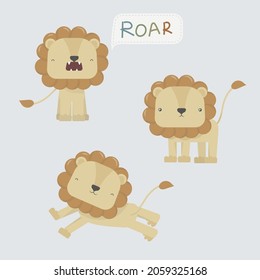 Three cartoon lions isolated on light blue background. Cute cartoon animal poses. Vector illustration of wild character. Safari mammal cat jungle.
