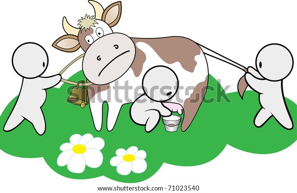 three cartoon\
man shared a cow on a green\
lawn