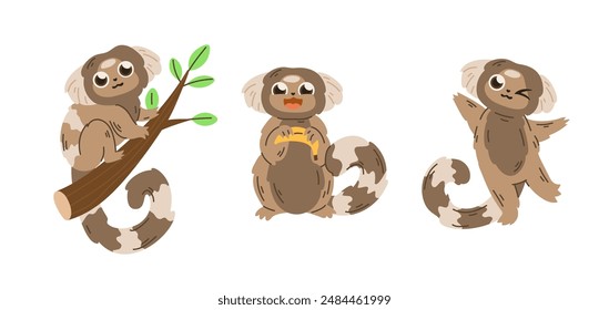 Three cartoon marmosets in different poses. Cute character illustrations isolated on white background. Animal clipart for design and print