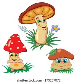 Three cartoon merry mushrooms on a white background.