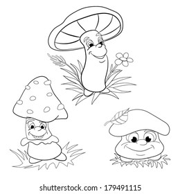 Three cartoon merry mushrooms on a white background. Coloring book.