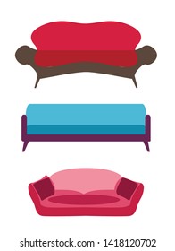 Three Cartoon Modern Sofa Isolated Icons Flat Set. Realistic Couch for Home, Coworking Office, Room for Waiting Interior Design. Luxury Furniture Stock Vector Illustration. House Accessories