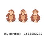 Three cartoon monkey sitting with closed eyes, mouth and ears isolated on white background. Colorful blind, deaf and mute wild animal vector graphic illustration. Concept of no see, hear, speak evil
