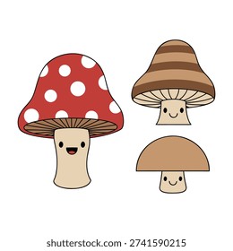 Three cartoon mushrooms with smiling faces, different cap patterns, on a white background.