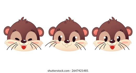 Three cartoon otter faces displaying different emotions. The otters have brown fur, round faces, and prominent whiskers. They exhibit happiness, neutrality, and curiosity.