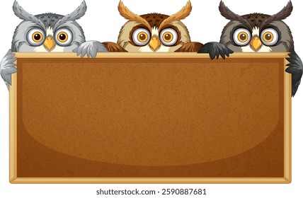 Three cartoon owls perched on a wooden sign