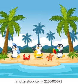 Three cartoon penguins on a tropical island