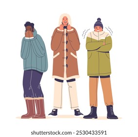 Three Cartoon People Clad In Winter Outerwear Stand Shivering In The Cold. They Display Visible Signs Of Being Cold