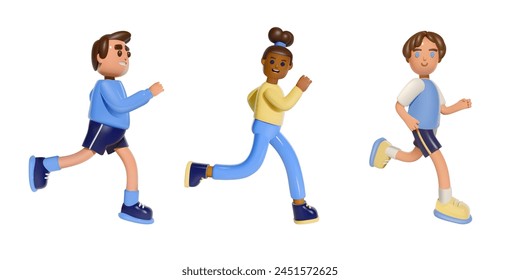 Tres personajes de dibujos animados corriendo. Ilustración vectorial 3D de diversas personas trotando. Estilo de vida saludable y concepto de fitness. Diseño de personaje de cuerpo completo.