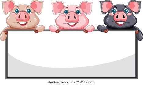 Three cartoon pigs with a blank sign