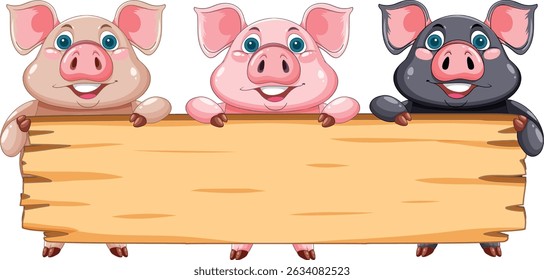 Three cartoon pigs holding a blank wooden sign