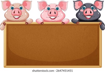 Three cartoon pigs with a wooden sign