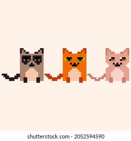 Three cartoon pixel cute friends cats cartoon game style
