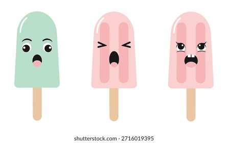 Three cartoon popsicles with different facial expressions on white background