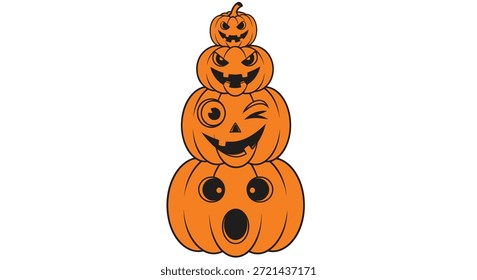 Three cartoon pumpkins stacked vertically, each with a different funny face expression.