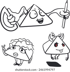 Three cartoon pyramid characters. Among them there are such cute and funny pyramids as a demon, a school student and a girl.