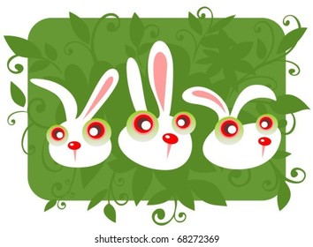 Three cartoon rabbits and grass on a green background.