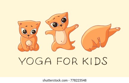 Three cartoon red yogi kittens doing the exercises. Vector image in the style of a children's illustration with the inscription.
