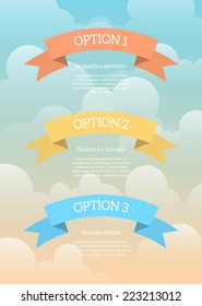 Three cartoon ribbons in the sky with some sample text. Cool for children infographics or presentations. EPS10 vector illustration.