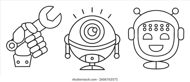 Three cartoon robots with tools and expressive features in a minimalist design.