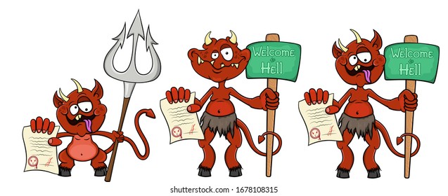 Three cartoon satans with a devil contract in their hands. Each character on a separate layer. Isolated on a white background. Vector stock illustration.
