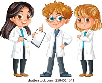 Three cartoon scientists with clipboards and glasses