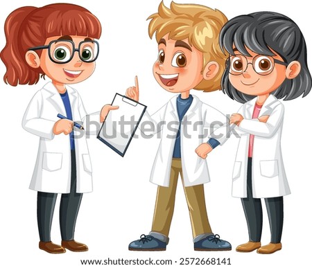Three cartoon scientists discussing with a clipboard