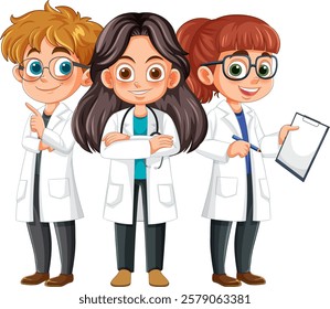 Three cartoon scientists with lab coats and glasses